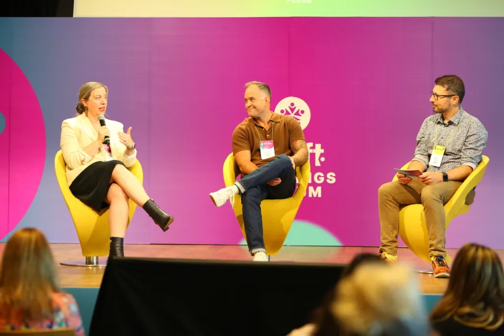 Kat Tooley, VP of Global Events and Experiential Marketing, HubSpot and Brendan Brown, Global Head of Strategy and Planning, George P. Johnson with Skift Meetings Editor in Chief, Miguel Neves at Skift Meetings Forum 2025