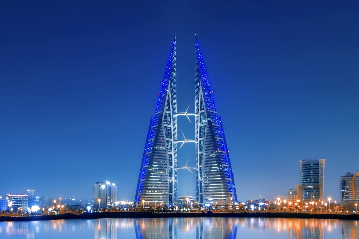 Bahrain World Trade Center at dusk.