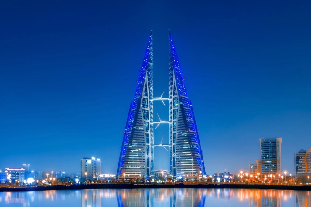 Bahrain World Trade Center at dusk.
